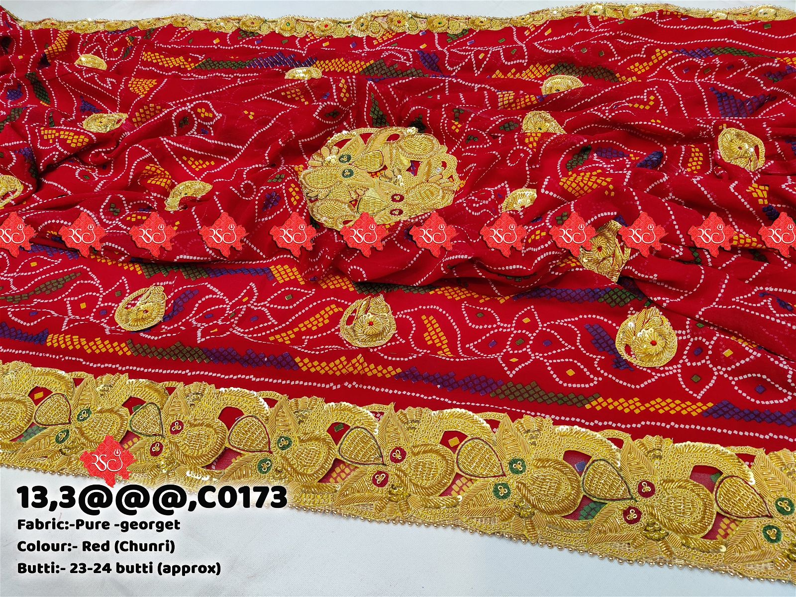 Ranisatiya Marwadi Bandhej Pure Georget/Pure Ojaria with Bell Butti Open Odhna. - ranisatiyacreation