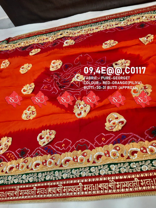 Ranisatiya Marwadi Bandhej Pure Georget/Pure Ojaria with Bell Butti Open Odhna. - ranisatiyacreation