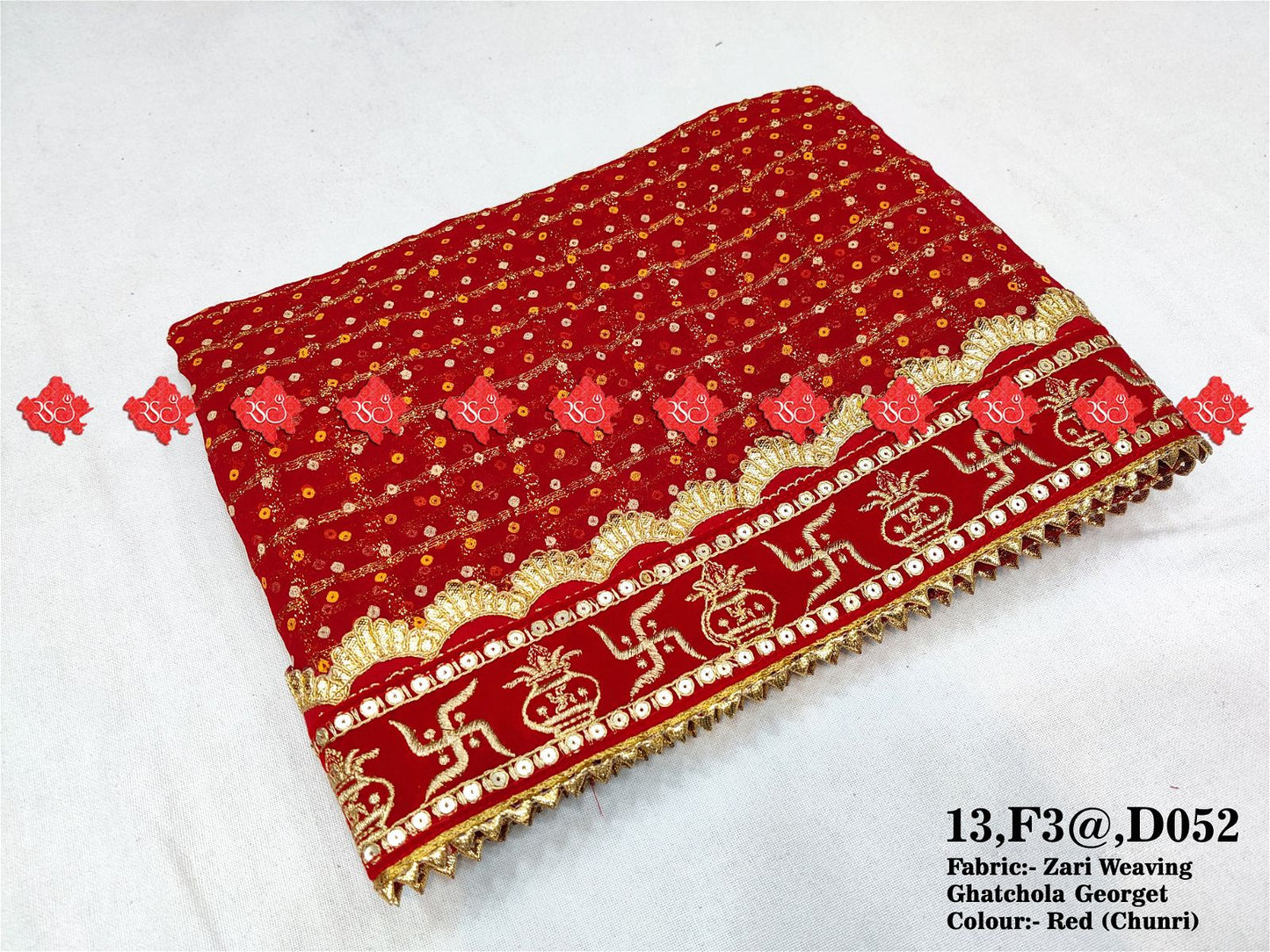 Ranisatiya Zari Weaving Red Georget Chunri Duppta. - ranisatiyacreation