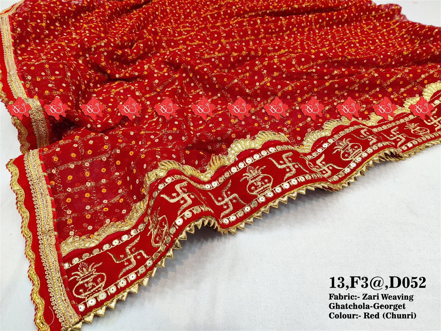 Ranisatiya Zari Weaving Red Georget Chunri Duppta. - ranisatiyacreation