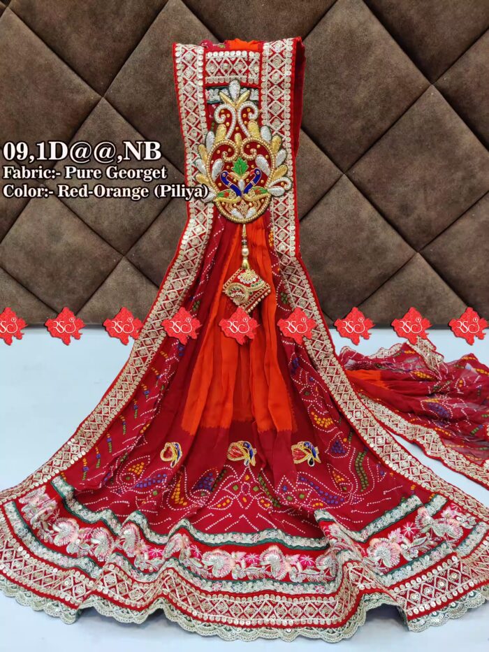 Pure Georgette Marwari broach Odhna (Puja Dupatta) With Heavy Boarder Unique and Elegance & 3 Butti , PURE GEORGETTE NB, RED-ORANGE PILIYA