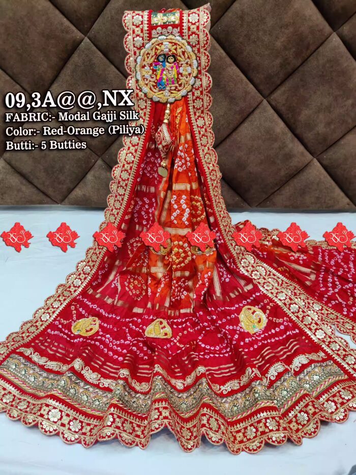 Ranisatiya Special Lightweight Modal Gajji Silk Odhna With Radha Krishna Broach, RED-ORANGE