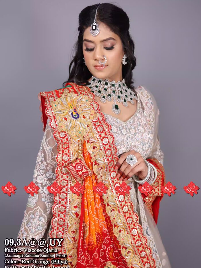 VISCOSE OJARIYA Belbutti Broach Odhna UY, RED-ORANGE PILIYA