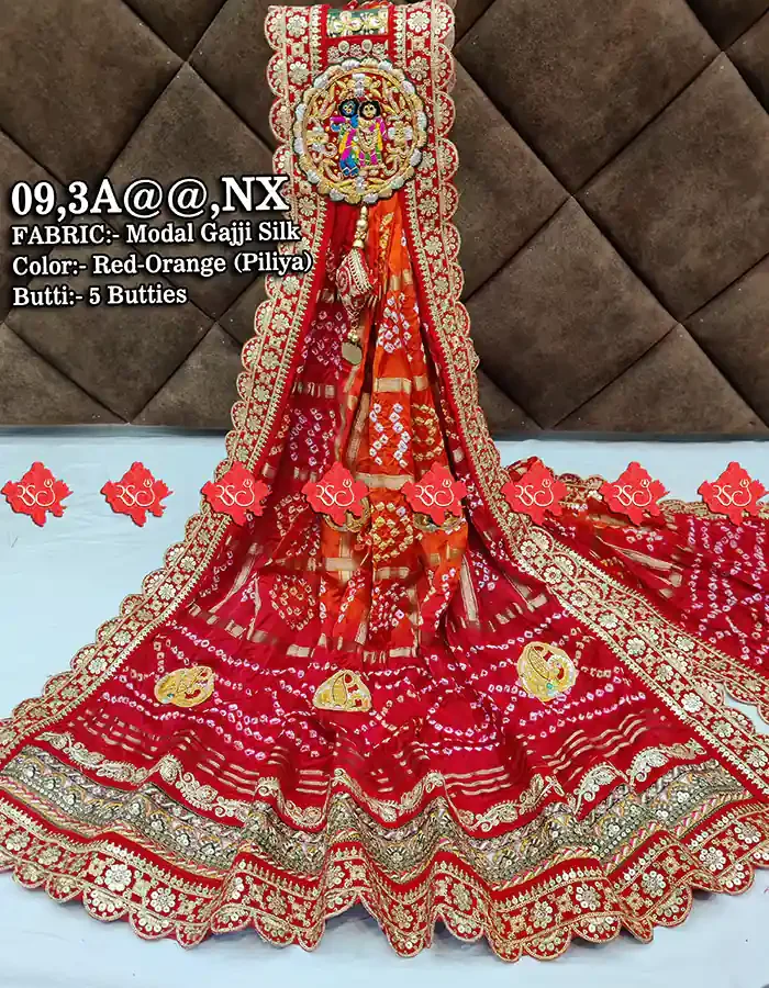 Ranisatiya Special Lightweight Modal Gajji Silk Odhna With Radha Krishna Broach, RED-ORANGE