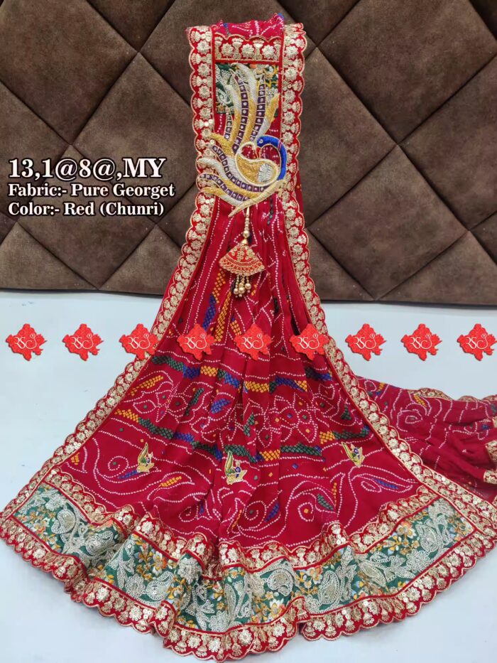 Ranisatiya Top Selling Pure Georgette Bandhej Odhna With Mayur Patch , PURE GEORGETTE MY , RED-CHUNRI , Pure Georgette Odhna