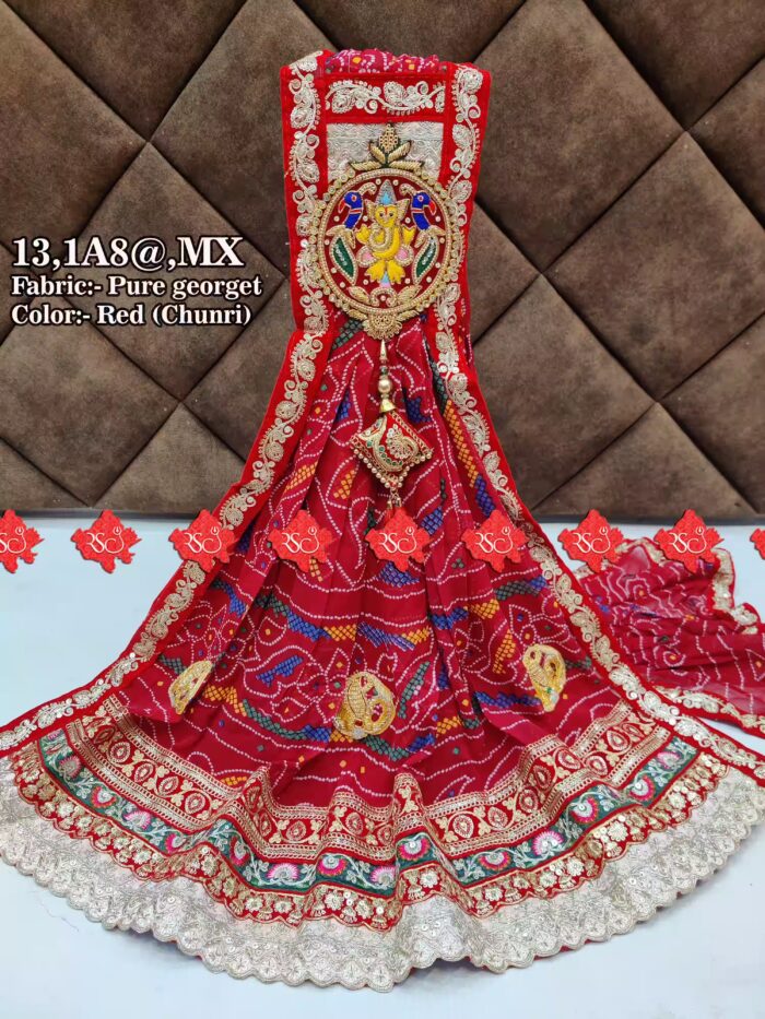 Ranisatiya Top Selling Pure Georgette Odhna Bandhej With Ganesh Ji Patch , PURE GEORGETTE MX, RED-CHUNRI