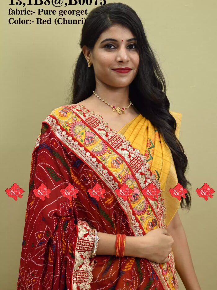 Ranisatiya Fancy Pure Georgette Red Bandhej Dupatta With Heavy Border