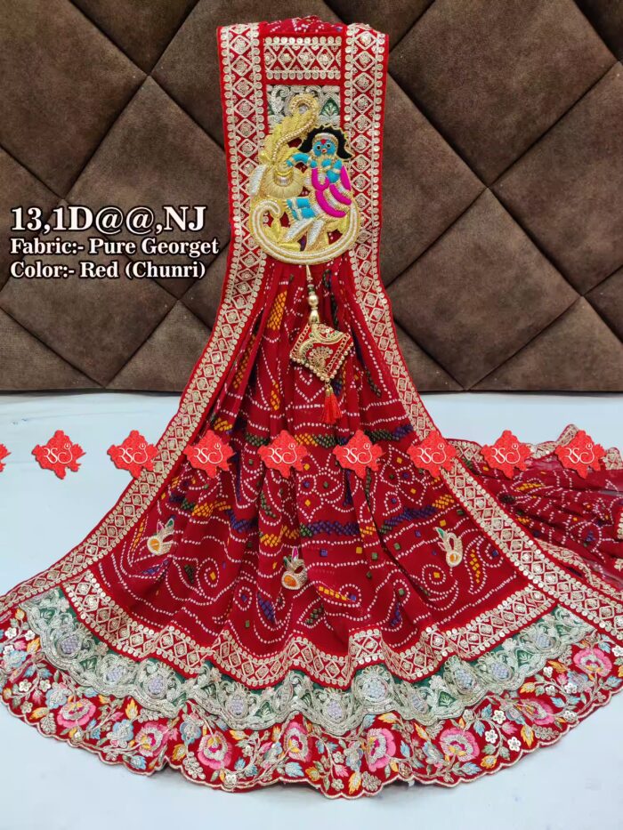 Pure Georgette Marwari Puja broach Odhna (Puja Dupatta) With Heavy Boarder Unique and Elegance & 3 Butti , RED-CHUNRI