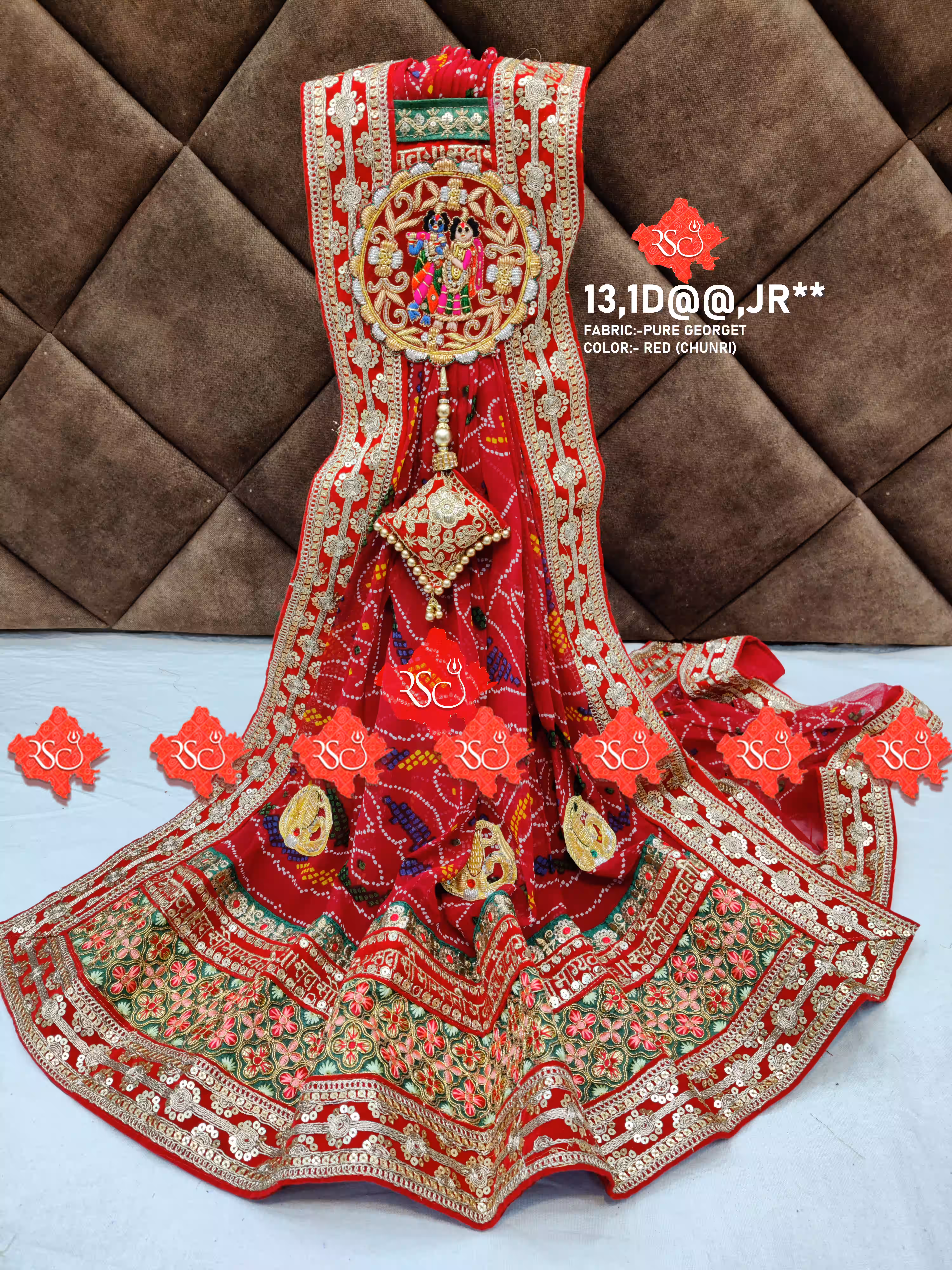 Pure Georgette Marwari Puja broach Dupatta (Puja Dupatta) With Heavy Boarder Unique and Elegance & 3 Butti , PURE GEORGETTE JR , RED-CHUNRI