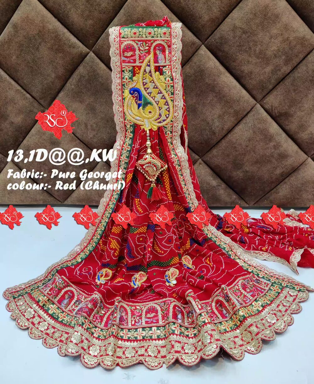 Pure Georgette Marwari Chunri Odhna Dupatta With Heavy Boarder Unique and Elegance & 3 Butti , RED-CHUNRI