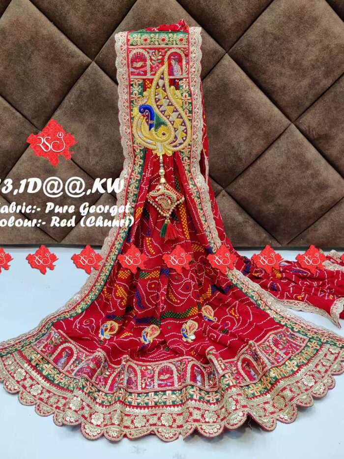 Pure Georgette Marwari Chunri Odhna Dupatta With Heavy Boarder Unique and Elegance & 3 Butti , RED-CHUNRI
