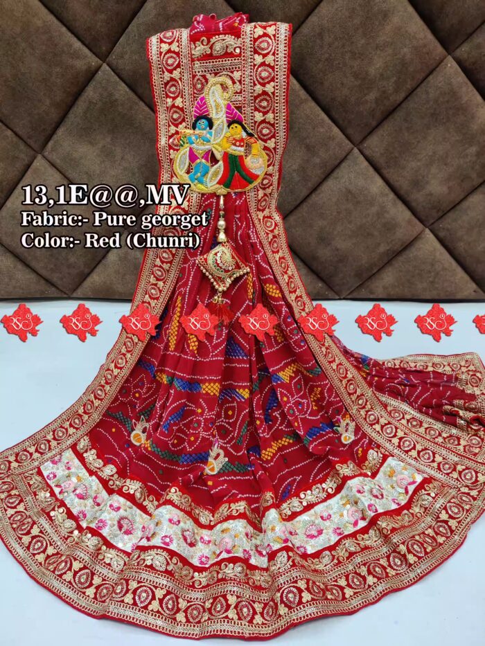 Pure Georgette Rajasthani Marwari Chunri Odhna Dupatta With Heavy Boarder Unique and Elegance & 3 Butti , MV RED-CHUNRI