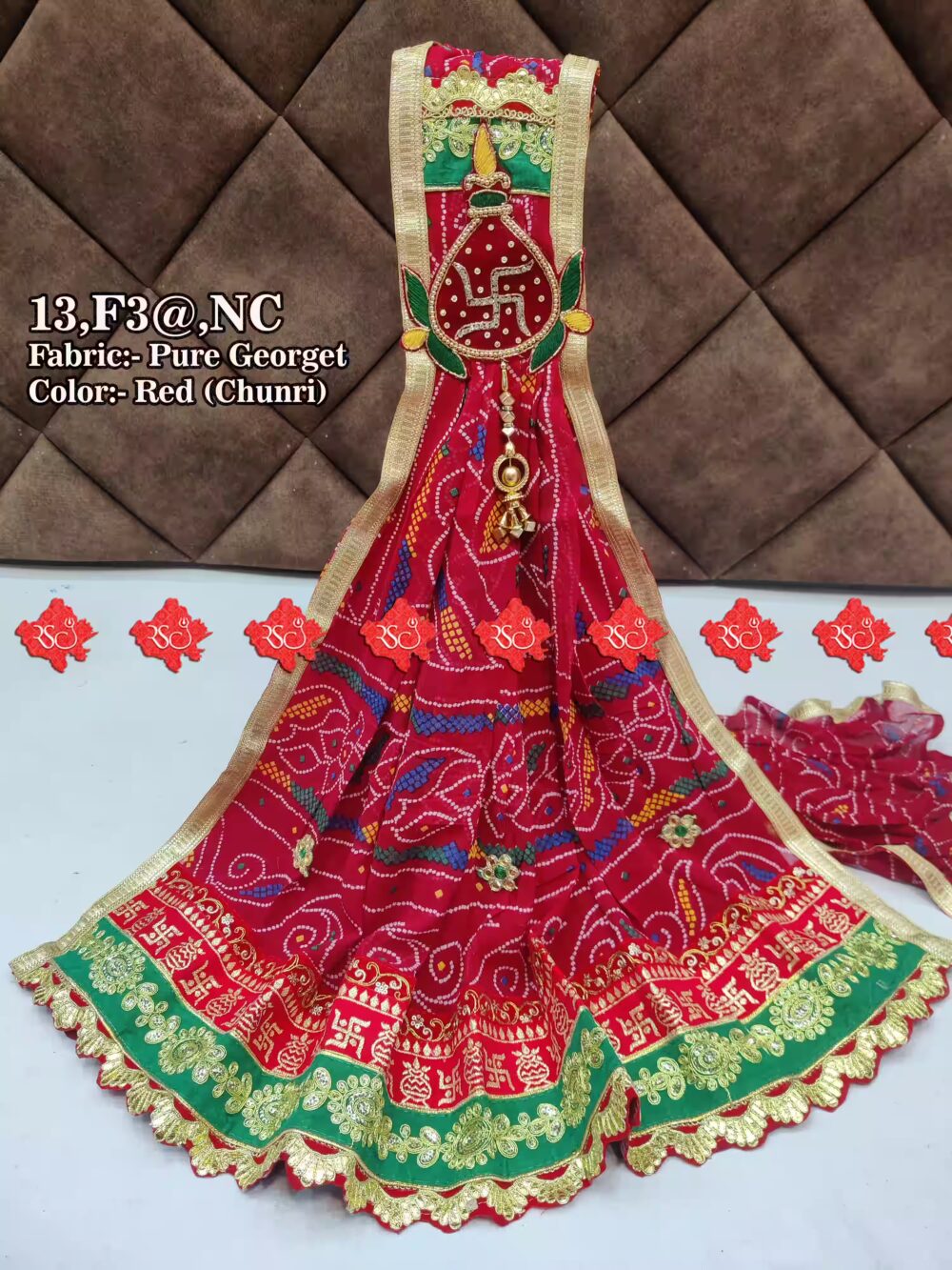 Pure Georgette Rajasthani Marwari Puja Dupatta With Heavy Boarder Unique and Elegance & 3 Butti , NC , RED-CHUNRI