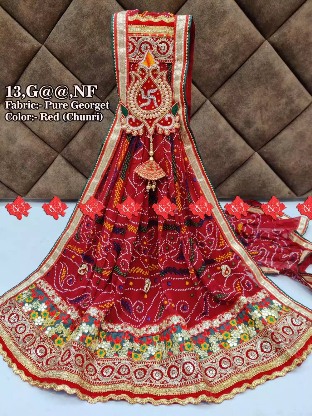 Rajasthani Marwari Durga Pooja Dupatta Unique and Elegance with 3 Butti , NF , RED-CHUNRI