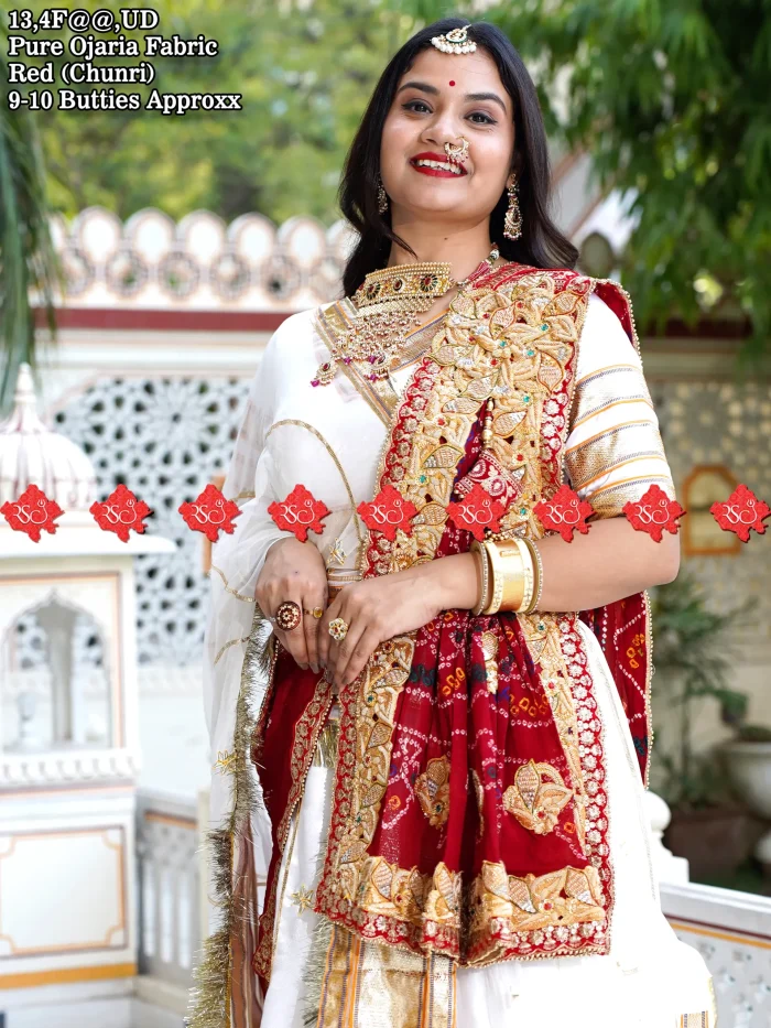 Festive Pure Ojariya Fabric With Heavy Marwari Zardoshi Odhna Work With 9 to 10 butti , 13,UD RED-ORANGE PILIYA