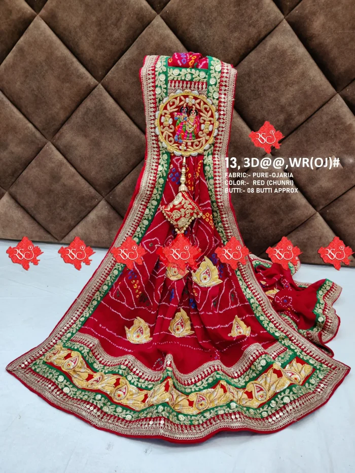 Festive Pure Ojariya Fabric With Radha Krishna Butta Marwadi Odhna Heavy Zardoshi Work With 15 butti