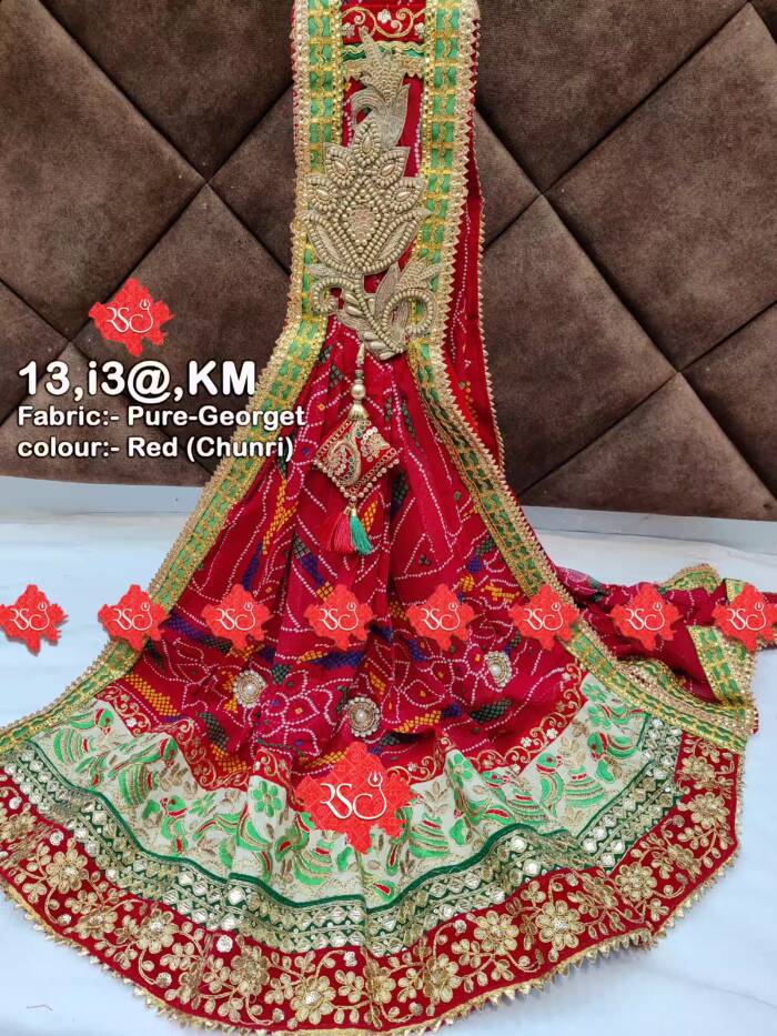 Rajasthani Marwari Designer Pooja Dupatta Unique and Elegance with 3 Butti, KM, RED-CHUNRI
