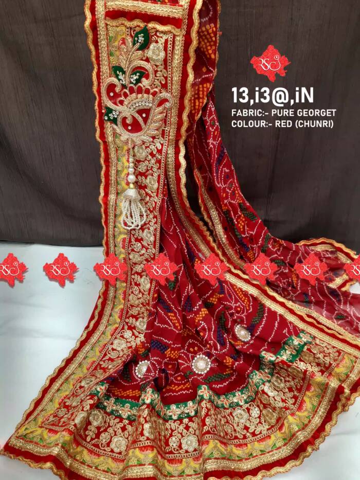 Rajasthani Marwari Designer Pooja Dupatta Unique and Elegance with 3 Butti , IN, RED-CHUNRI