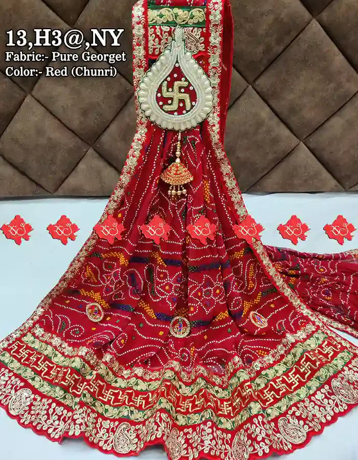 Ranisatiya Festive Pure Georgette Bandhej Odhna With Swastik Broach & 3 Butti