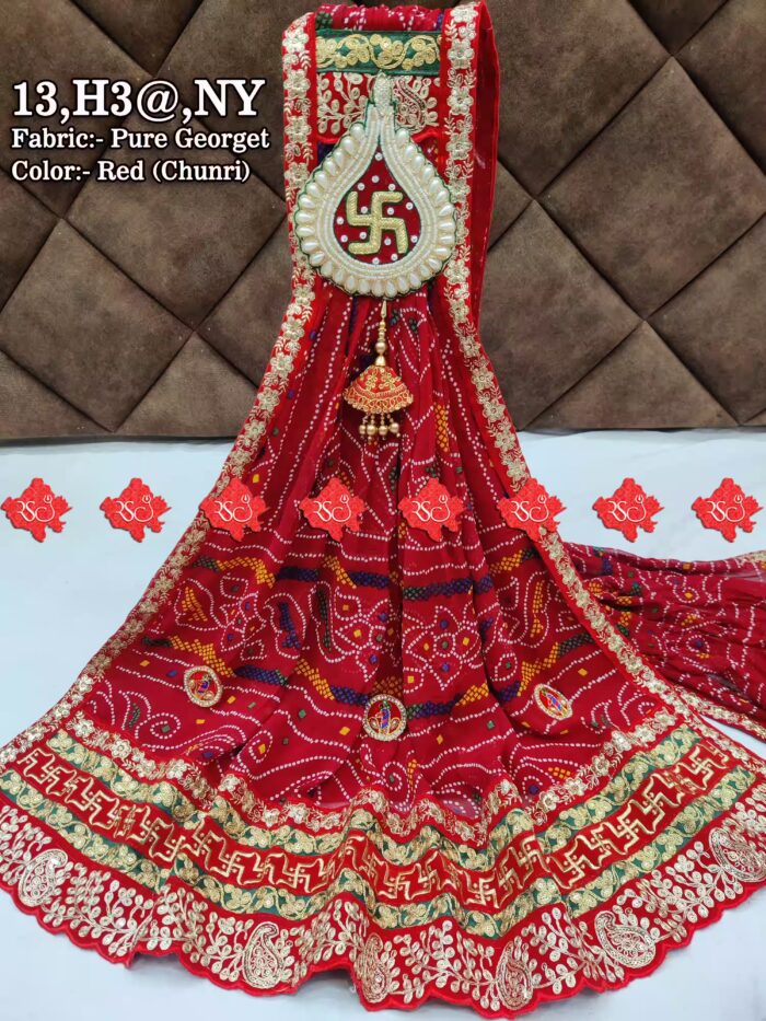 Ranisatiya Top Selling Pure Georgette Bandhej Odhna With Swastik Broach PURE GEORGETTE NY, RED-CHUNRI