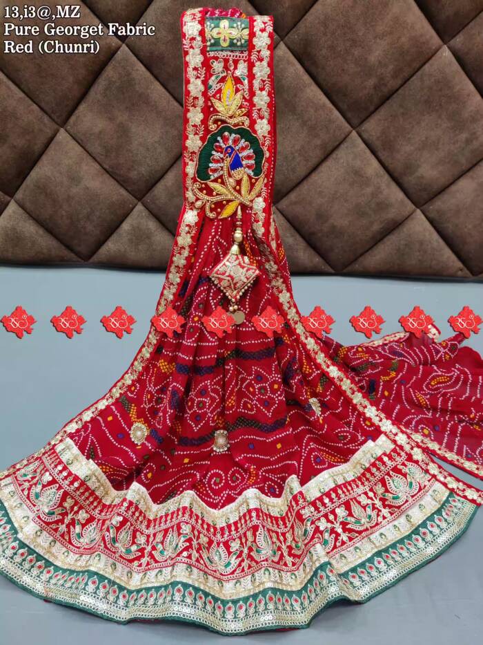 Rajasthani Marwari Durga Pooja Chunri Unique and Elegance with 3 Butti , MZ, RED-CHUNRI